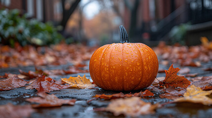 An image of a small pumpkin with leaves on the ground next to it, depicting the autumn harvest and seasonal decoration.