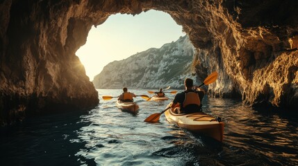 A kayaker exploring rocky cave in shallow sea