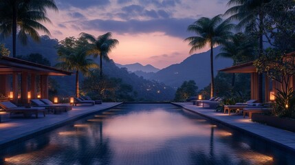 Indulge in the tranquil ambiance of an opulent infinity pool at twilight, nestled amongst exotic palms with an enchanting mountainous backdrop and warm lit cabanas. 