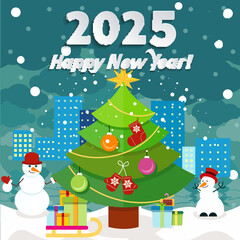 New Year poster with a cityscape background, cheerful snowmen, decorated tree, festive greetings for 2025. Ideal for New Year events, promotions, and seasonal celebrations.