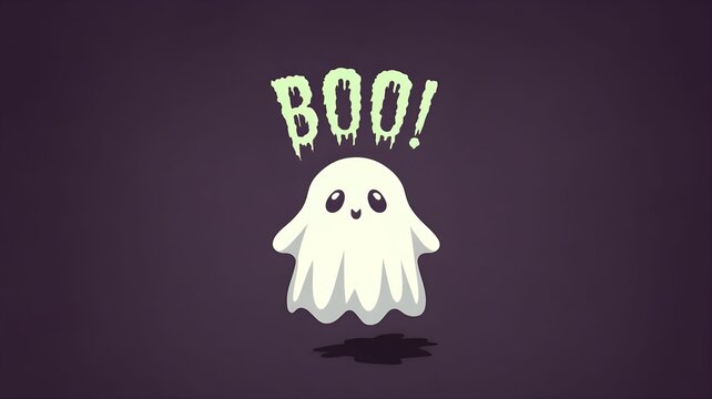 minimalistyczny, Halloween, duch, biały, fioletowy, czarny, ilustracja, płaska grafika, duch unoszący się, oczy puste, arkusz, boo, czcionka, zabawny, mroczny, kolorystyka Halloween, minimali