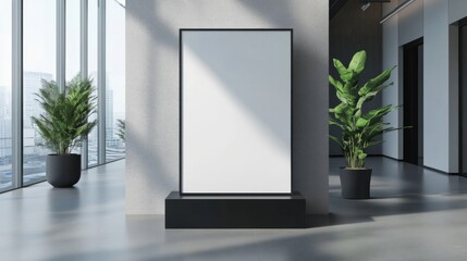 a Blank Vertical Advertising Poster Mockup on a Black Square Stand in a Modern Office Room