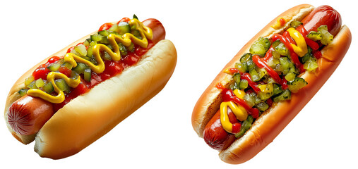 Classic American Hot Dog Duo: Two perfectly dressed hot dogs, isolated on transparent background.  