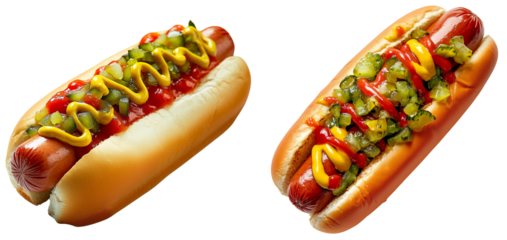 Classic American Hot Dog Duo: Two perfectly dressed hot dogs, isolated on transparent background.  