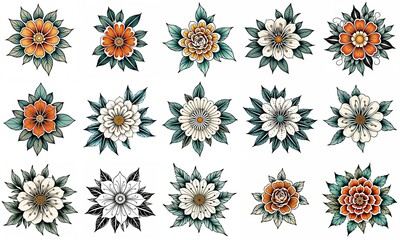 Set of flowers isolated on white background. Hand drawn illustrations.