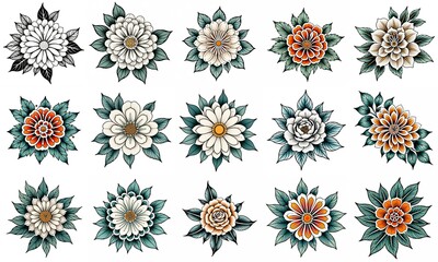 Set of flowers isolated on white background. Hand drawn illustrations.