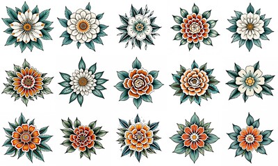 Set of flowers isolated on white background. Hand drawn illustrations.