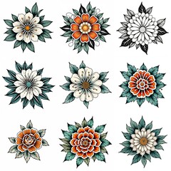 Set of flowers isolated on white background. Hand drawn illustrations.