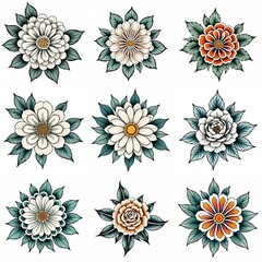 Set of flowers isolated on white background. Hand drawn illustrations.