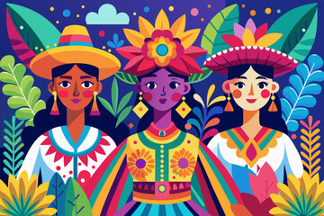 A bright, colorful illustration depicting three people dressed in vibrant and festive clothing, adorned with hats, flowers, and geometric patterns, against a lush background
