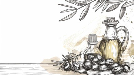Olive branch and bottles of olive oil on a white background. Sketch. Horizontal banner. Copy space. Olive festival in Spain, olive oil. Mediterranean diet, healthy food. For poster, label