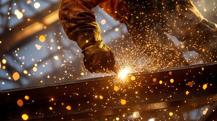 A close-up of a worker welding steel beams on a scaffold at a construction site with sparks flying