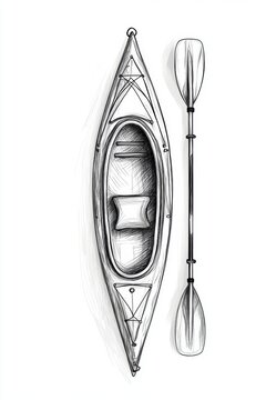 recommend clip art: Sketch line drawing of a kayak boat with paddle