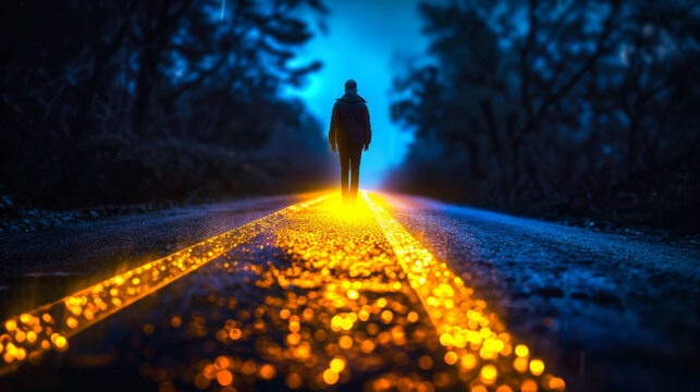 A man in dark clothes walks along a dark road along a bright yellow path in the form of a line. Walking concept. Lifestyle.