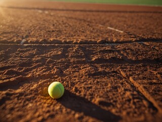 Close-up sunlight reveals the detailed texture of a clay tennis court surface