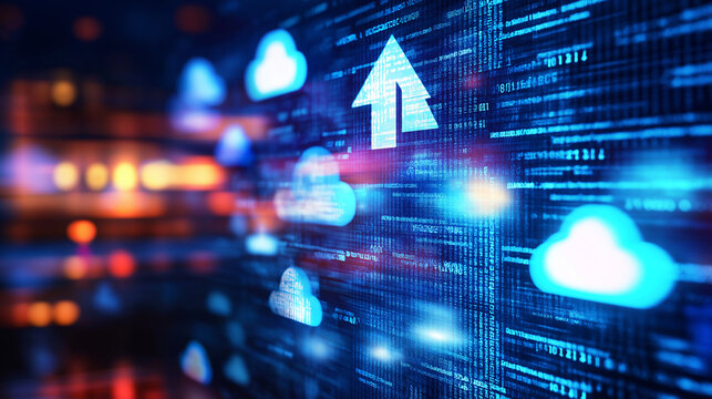 An up arrow composed of interconnected cloud icons, set against a blurred digital background, representing the growth of cloud computing and technology services.