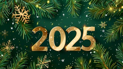 2025 New Year abstract green Christmas tree and gold text 2025 year numbers shining sparkle firework green background greeting card