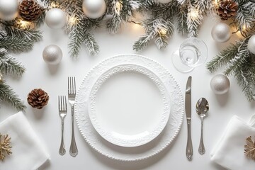 A beautifully arranged dining table features white plates, silver cutlery, pine branches, and Christmas ornaments.