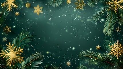 Emerald greenery forest foliage background. Green garden trees Christmas invitation. Winter leaves card texture. Bokeh lights art.Rustic style Happy New Year.Elegant outdoor party template garland