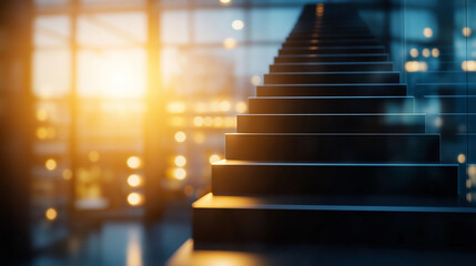 An up arrow composed of ascending steps of a ladder, set against a blurred office interior background, representing career growth and professional success.