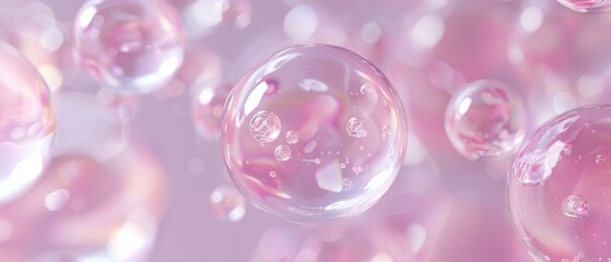 3D rendering of a molecule encapsulated in a transparent liquid bubble against a soft background