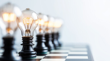 A chessboard with pieces shaped like light bulbs, on a plain white background, symbolizing the role of bright ideas and innovation in successful strategies.