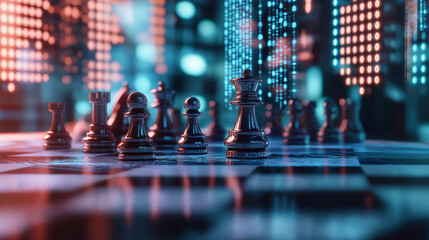 A chessboard with pieces made from flowing liquid metal, set on a blurred tech interface background, symbolizing the fluid and adaptable nature of successful strategies in modern b