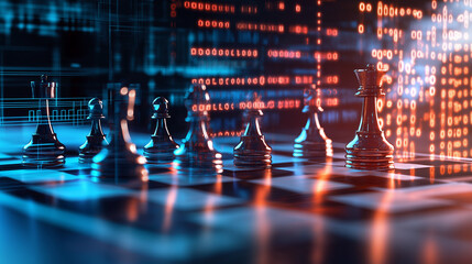 A chessboard with pieces made from flowing liquid metal, set on a blurred tech interface background, symbolizing the fluid and adaptable nature of successful strategies in modern b