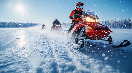 A thrilling snowmobile race across a frozen lake, with racers kicking up snow and wearing bright winter gear under a clear blue sky