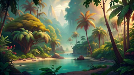 retro lush tropical jungle islands background