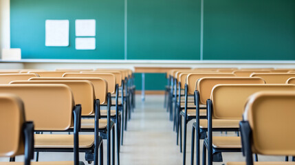 Empty auditorium with rows of chairs and a blackboard at the end of the classroom.