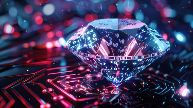 A glowing violet and blue diamond symbolizes digital wealth, crypto, and NFT ownership. Subtle binary code overlays enhance the futuristic theme, representing blockchain