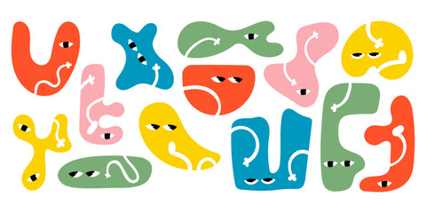 Abstract cute funny characters set. Comic shapes, abstract figures of different shapes with eyes. Childish flat vector illustrations isolated on white background. Vector stock illustration