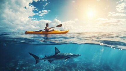 Obraz premium A person kayaking in sea water with a shark underwater