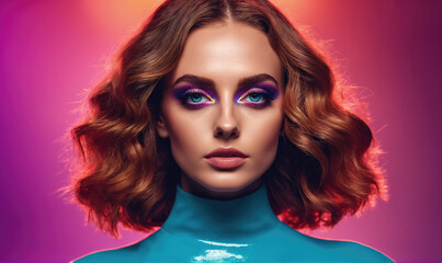 Obraz premium A woman with bright blue eyeshadow and a blue shirt stares directly at the camera