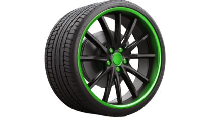 Collection of car wheels with green discs on transparency background PNG