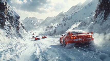 A winter car rally on a snow-covered mountain road, with vehicles skidding around sharp curves and snow flying in all directions