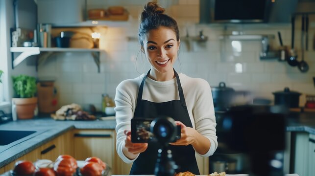 A young woman smiles while recording a cooking tutorial in her cozy kitchen, surrounded by fresh ingredients and cooking supplies