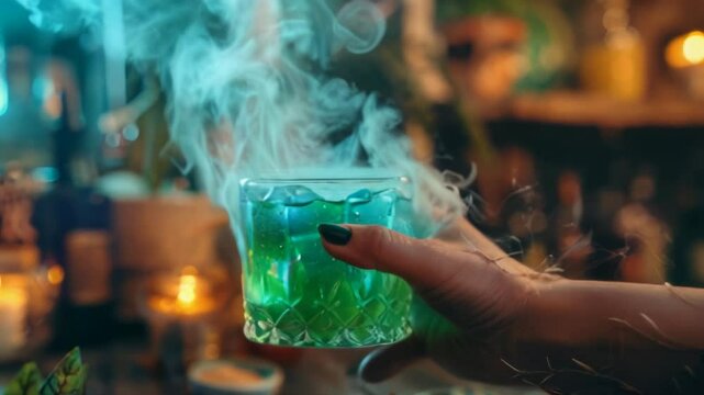 Witch hand and green color cocktail or potion with smoke in witch's study for Halloween, mystical, creepy atmosphere