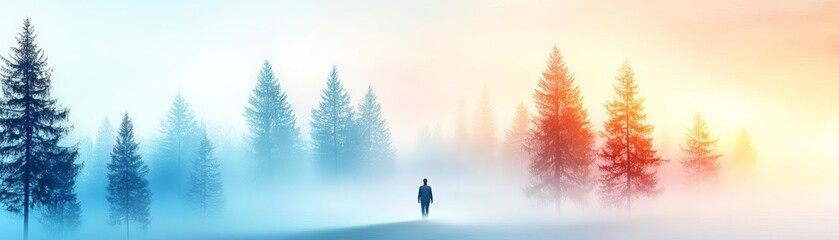 Fototapeta premium An entrepreneur walking through a foggy forest at dawn