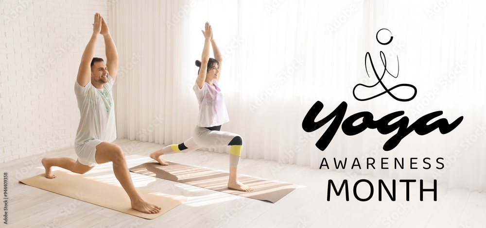 Poster banner for yoga awareness month with sporty young couple training at home