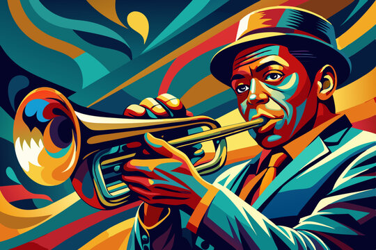 Vibrant Abstract Artwork of a Trumpet Musician, Showcasing Dynamic Lines and Bold Colors, Embodying the Spirit of Artistic Innovation and Musical Expression.