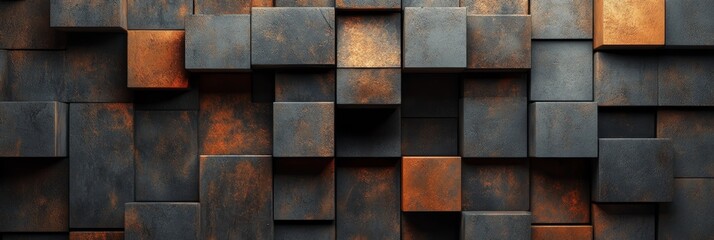 Abstract arrangement of dark and rust-colored cubes creates a contemporary three-dimensional wall design with rich textures