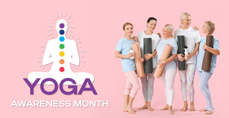 Group of mature women with yoga mats on pink background