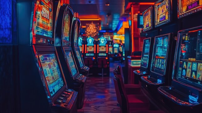 Exploring a dimly lit casino floor with numerous slot machines in operation during evening hours, inviting excitement and chance