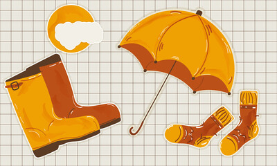 Autumn stickers. Sticker umbrella, sock, boots, cloud