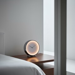 Elegant White Room Interior Featuring Modern Clock on Night Stand – Perfect for Lifestyle, Home...