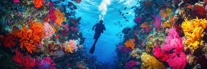 Diver with colorful beautiful coral reef with sea life fishes
