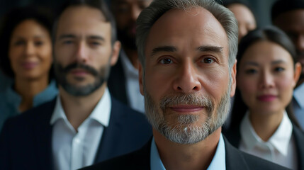 Portrait of successful group of business people at modern office looking at camera. Portrait of happy businessmen and satisfied businesswomen standing as a team. Multiethnic group of people smiling	