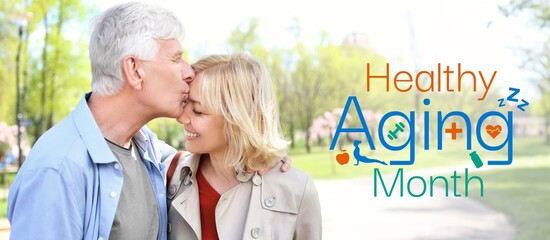 Banner for Healthy Aging Month with mature couple in park